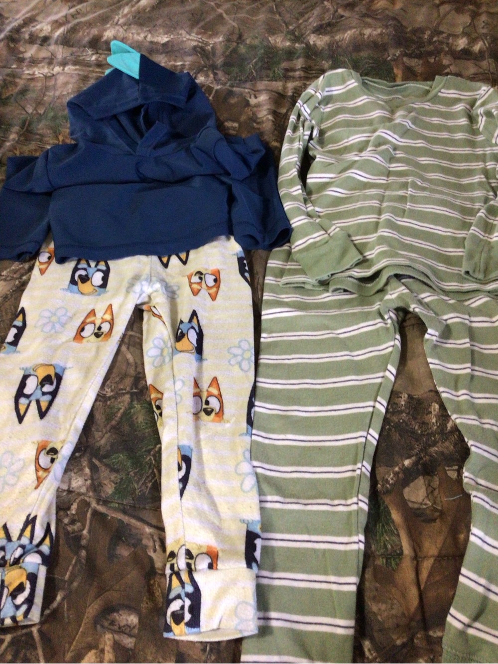 Kids Blue Hoodie and Patterned Pajama Set - Green Stripe and Character Print